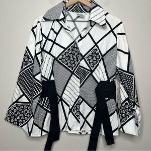 Finley Women Top XL Black White Art to Wear‎ Patchwork Mixed Print Designer